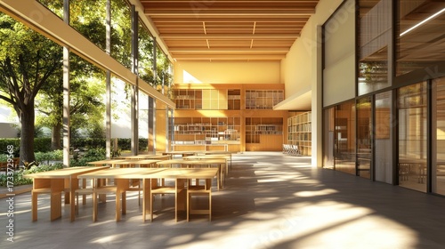 Wallpaper Mural Modern Library Design: Sunlight-bathed interior with wooden tables and chairs, large windows overlooking a serene garden. Torontodigital.ca