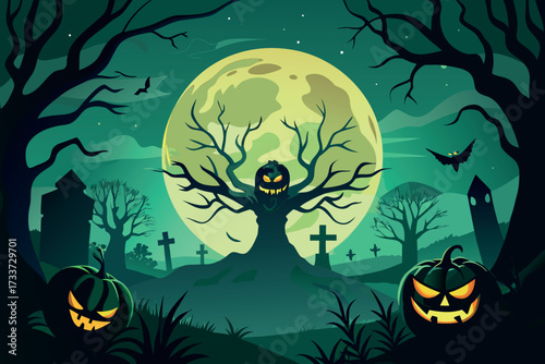 Spooky halloween night scene with a jack o lantern tree and full moon