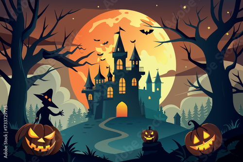 Spooky halloween castle scene with jack o lanterns and bats under a full moon