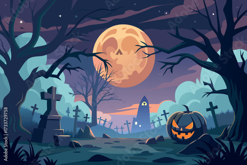 Spooky halloween cemetery scene under a giant full moon with a jack o lantern