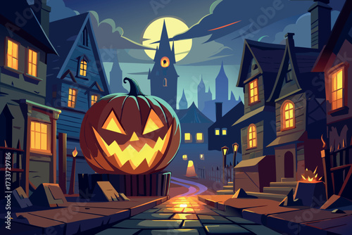 Spooky halloween village scene with giant jack o lantern under a full moon