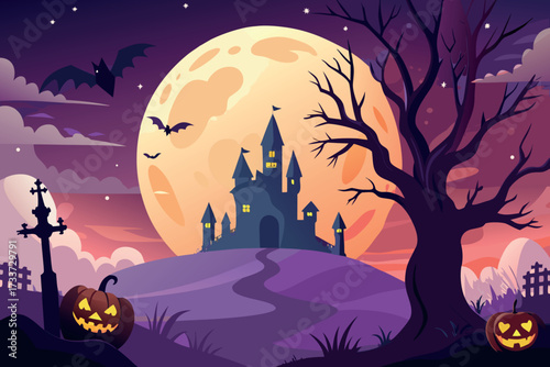 Spooky halloween castle scene with jack o lanterns and bats under a full moon