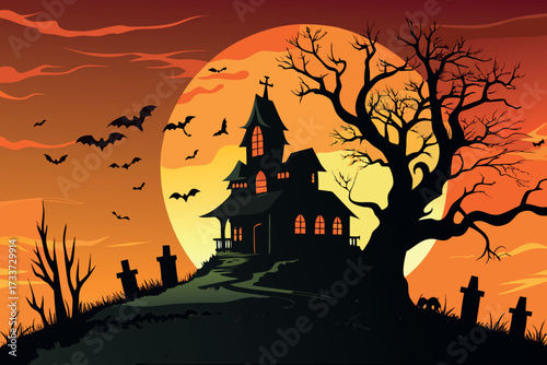 Haunted mansion silhouette under a spooky orange halloween moon with bats and graveyard