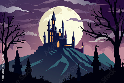 Spooky castle on a hill under a giant full moon with silhouetted trees