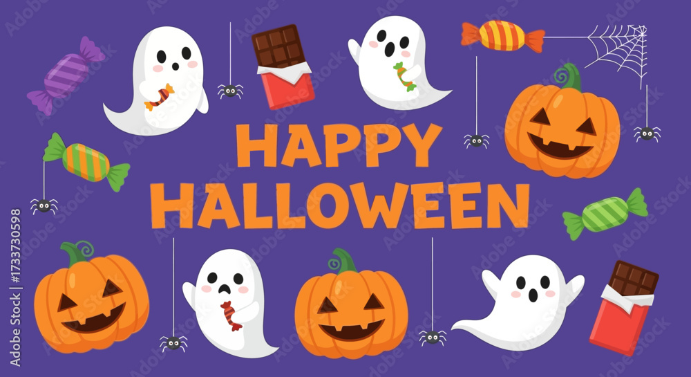 Fototapeta premium Cute Cartoon Happy Halloween Background with Ghost Pumpkin Candy Spider