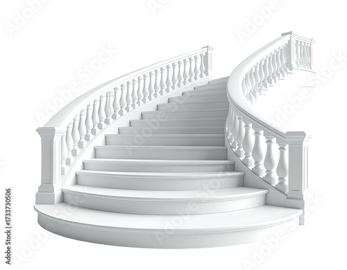 Elegant, white, curving staircase with ornate balustrade, isolated on black