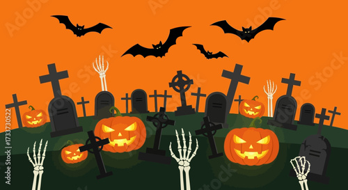 Spooky Cartoon Halloween Scene with Pumpkins, Bats, Gravestones and Skeleton Hands