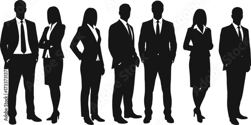 PrintBusiness team silhouettes, corporate professionals standing together, diverse workforce in suits, teamwork concept, leadership, office culture, p