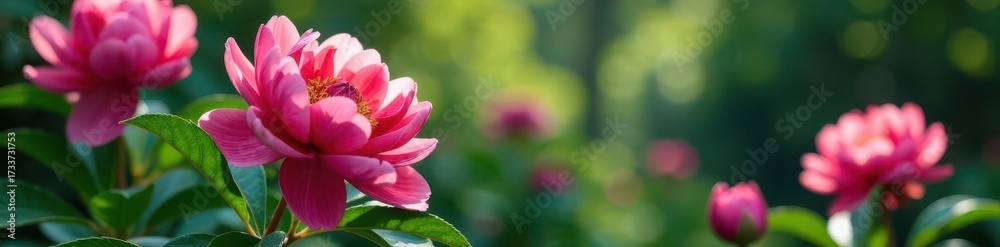 Fototapeta premium Deep pink peony blooms, lush Japanese garden backdrop, image, macro, green
