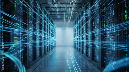 Server room with data streams, blue and green neon lines, hallway perspective