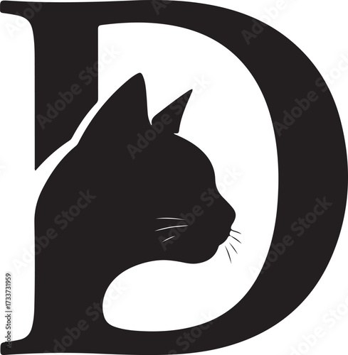 Black Cat Profile Silhouette within Letter D Logo kitten