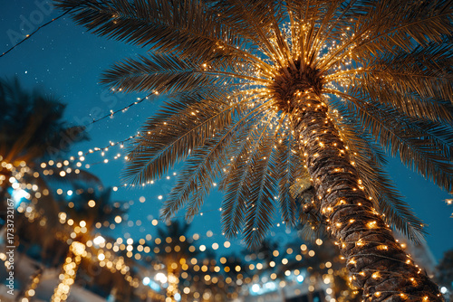 A coconut palm tree draped in a garland of lights against the night sky. Beach party. Christmas and New Year's.