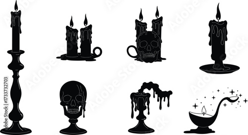 Spooky candles with melting wax, skull candle holders, gothic lantern lamp, horror Halloween vector illustration, witchcraft magic ritual design set