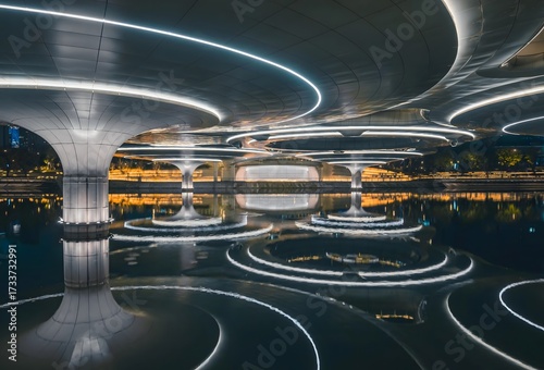 Modern LED Illuminated Curved Bridge Architecture Reflected in Water at Dusk Chengdu China Futuristic Urban Design
