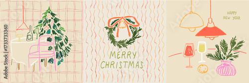 Retro vintage christmas banners in pencil or chalk drawing art style. Cute posters or placards print set christmas or new year dinner table with wine and fir tree. Greeting cards and party invitations