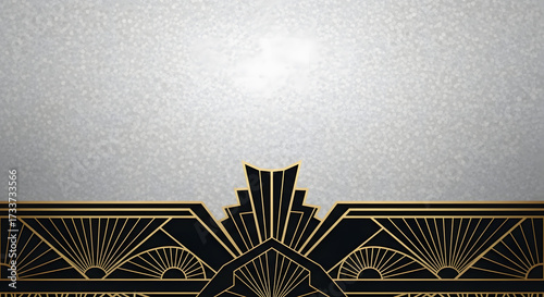 Luxurious Art Deco background with golden geometric sunburst pattern on a shimmering silver texture, providing elegant copy space for formal events