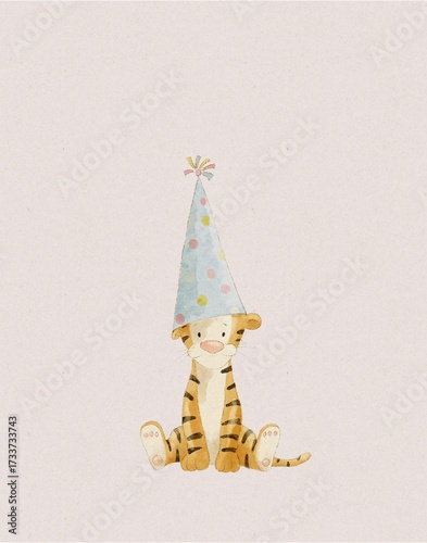 Illustration of a baby tiger wearing a birthday hat, birthday card