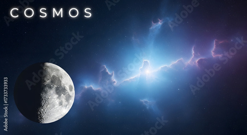 Vibrant cosmic background with a detailed half moon, glowing interstellar clouds, and a bright celestial light in the endless universe