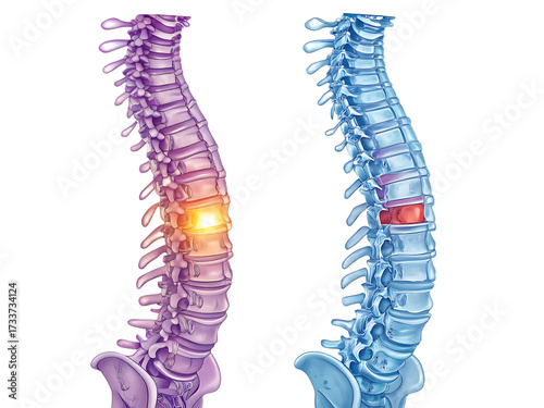 Spinal disc herniation causing back pain inflammation and nerve compression illustration of anatomical vertebral column structures