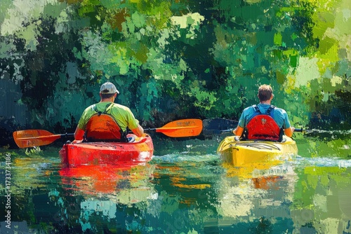 Impressionistic painting showing two people kayaking on a calm river amidst lush green trees, enjoying peaceful outdoor water adventure.