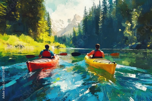 Two kayakers paddle serene, vibrant waters through a lush forest, with majestic mountains in the distance, capturing an adventurous spirit in impressionistic style.