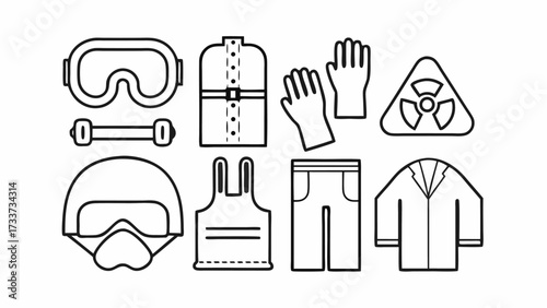Illustration of protective gear including goggles, gloves, helmet, and radiation warning sign in black outline