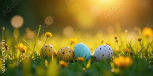 Golden hour illuminates speckled eggs amongst blooming wildflowers on lush grass , meadow, morning, beautiful