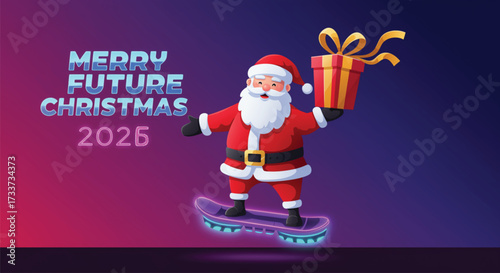 A jolly Santa Claus rides a futuristic hoverboard, delivering a beautifully wrapped gift for a Merry Future Christmas 2026, spreading holiday cheer and joy. Vector illustration.