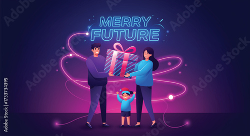 A heartwarming scene of a family joyfully celebrating the future with a beautifully wrapped gift, illuminated by vibrant neon lights in a contemporary setting. Vector illustration.