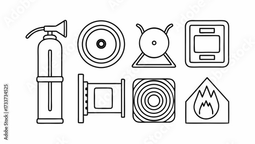 Illustration of fire safety equipment including a fire extinguisher smoke detector and fire alarm system outline