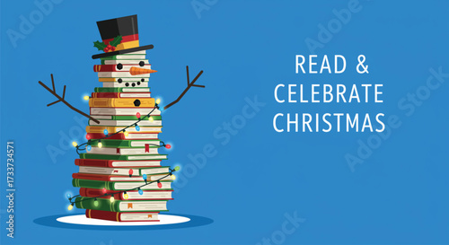 A whimsical snowman made of stacked books, adorned with a top hat and twinkling Christmas lights, spreading holiday cheer and celebrating the joy of reading. Vector illustration.