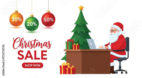 Santa Claus is working at his desk with a laptop during the Christmas sale. There are presents and a Christmas tree. Ornaments show discount percentages. Vector illustration.