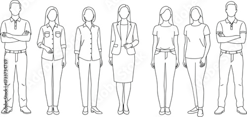 PrintDiverse group of people, line art illustration, business and casual attire, teamwork concept, multicultural characters, workplace diversity, professional collaboration, fashion styles
