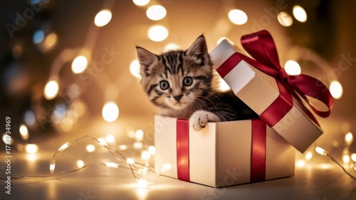 cute kitten sitting in gift box