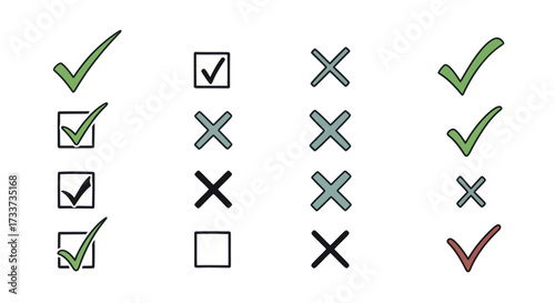 An assortment of checkmarks and X marks in various styles and colors arranged in rows and columns.