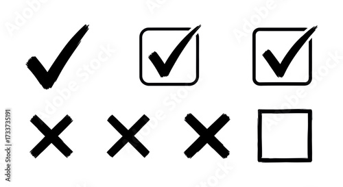 A collection of black check marks, crosses, and a checkbox icon set for selection, approval, or rejection.