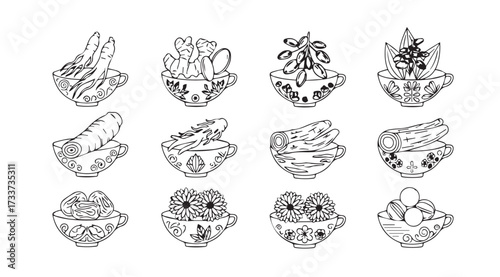 Vector art of herbal tea set