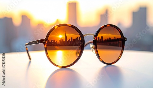Sunglasses Reflecting NYC Skyline at Sunset Golden Hour Perspective.