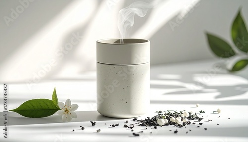 Steaming Tea Cup with Jasmine Leaves and Shadows Minimalist Aesthetic.