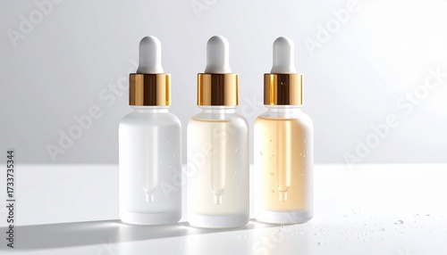Three Skincare Serum Bottles with Gold Caps Minimalist Beauty Product Photography.