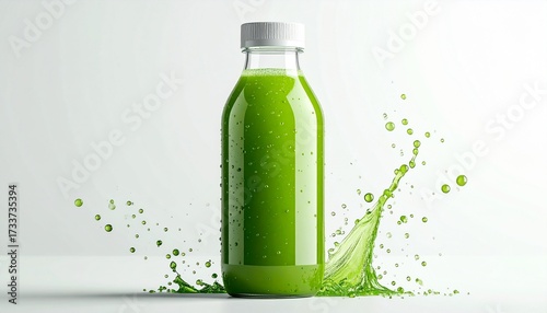 Vibrant Green Juice Bottle with Dynamic Splash and Droplets on White.
