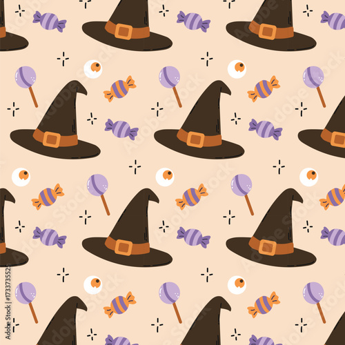 Vector seamless Halloween pattern featuring witch hats, candies, lollipops, eyeballs, and decorative stars. Perfect for seasonal design, packaging, wrapping paper, textile, party decor, invitations