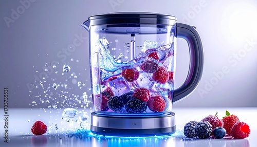 Vibrant Smoothie Preparation Berries Ice and Water in a Modern Blender.