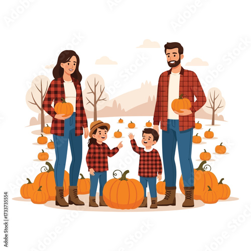 Happy family with pumpkins enjoying autumn fun at the patch 