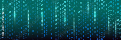 Blue binary rain background with glimmer and glowing light. Binary code with blue light.