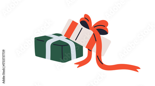 Gift boxes. Festive presents in paper wrapping with ribbon bow decoration. Ch...