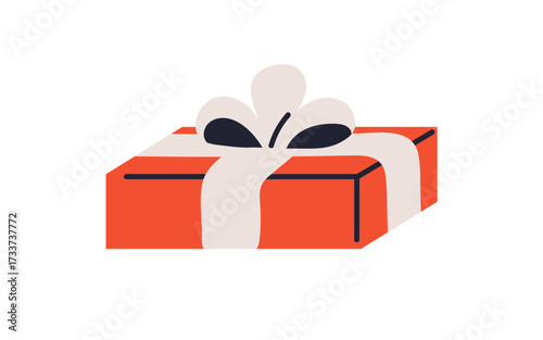 Gift in festive paper wrapping, decorated with ribbon bow. Small present box. Little holiday package wrapped for Christmas and birthday. Flat vector illustration isolated on white background
