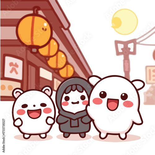 A charming illustration of three adorable cartoon friends enjoying a delightful evening stroll 