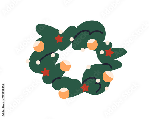 Christmas wreath. Winter holiday ornament. Festive Xmas decoration with baubl...