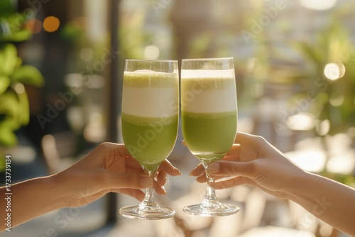 Two hands clink glasses of vibrant layered green and white drinks, enjoying a refreshing moment in a sunny setting.
